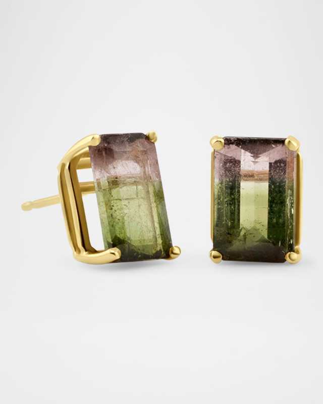 Emerald-Cut Tourmaline Stud Earrings in 14K Yellow Gold